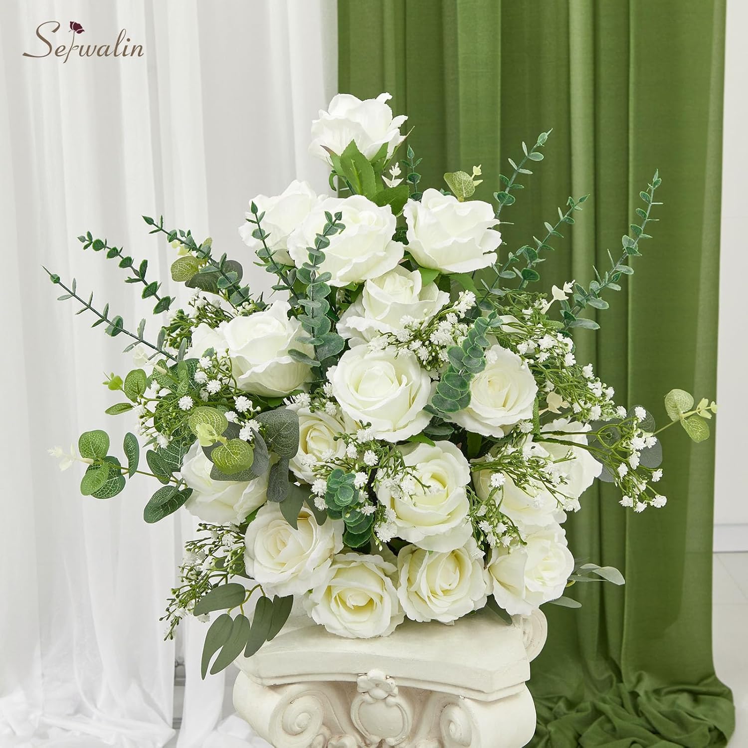 Serwalin 60 PCS White Artificial Roses in Bulk, 3.15'' Flower Head Fake Silk Roses Realistic Roses for Bridal Bouquet Wedding Centerpieces Flower Arrangement Party Home Decor