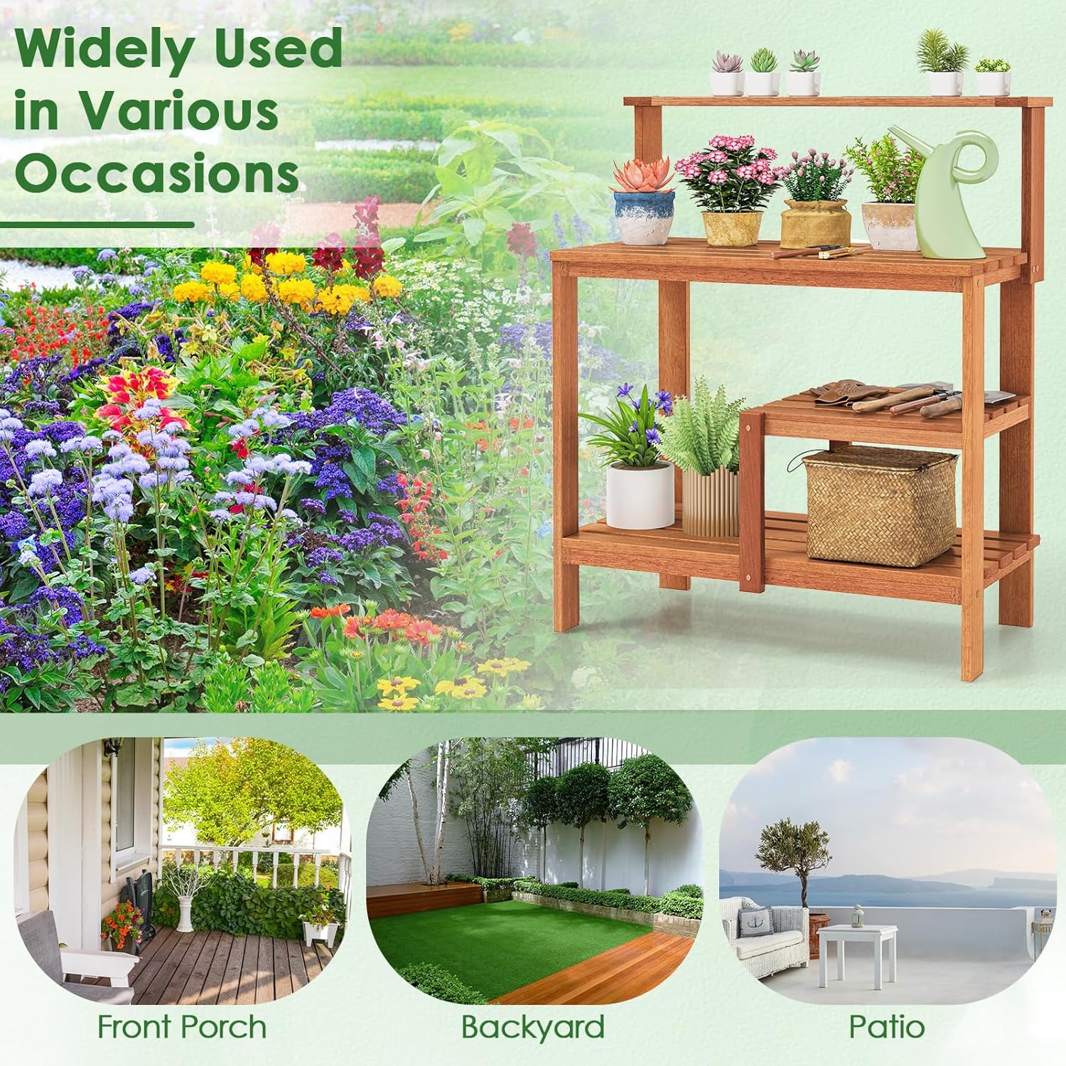 Happygrill Potting Bench Table, Outdoor Wood Work Bench with Storage, Open Shelves & Teak Oil Finish, Patio Horticulture Garden Table for Backyard, Balcony, Natural