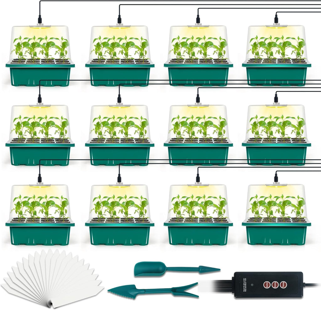 12-Set Seed Starter Tray with Grow Light, Seed Starting Trays Kits with Timing Controller Adjustable Humidity Domes Heightened Lids(12-Cells Per Tray)