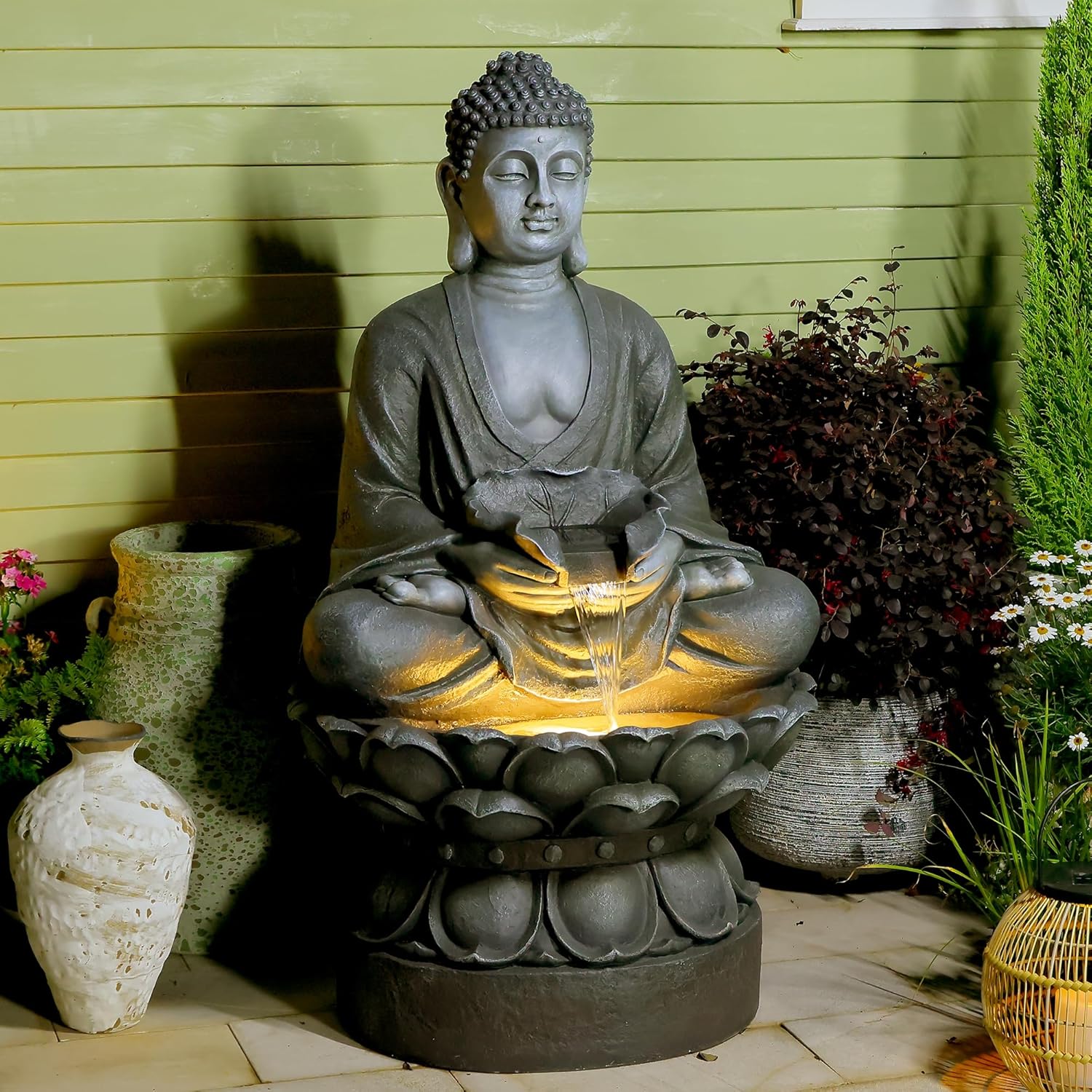Buddha Water Fountain Outdoor Large Sitting Lotus Base Waterfall Fountains Zen Water Feature Indoor with LED Light for Garden Patio Backyard Deck Lawn Porch Balcony Home 45 inches Gray