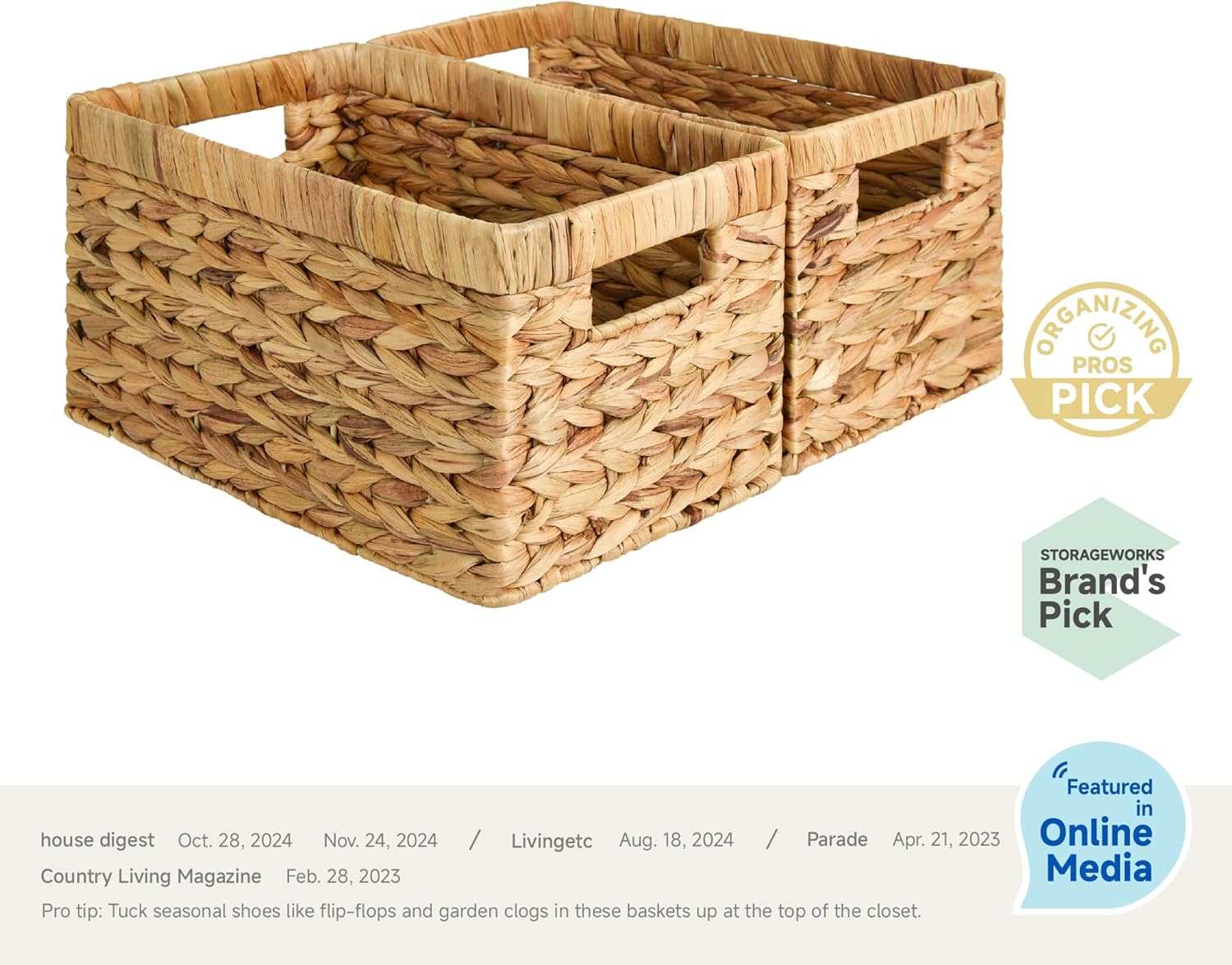 StorageWorks Wicker Basket, Baskets for Organizing, Storage Basket with Built-in Handles, Water Hyacinth Shelves (Medium 2-Pack, Natural Hyacinth)