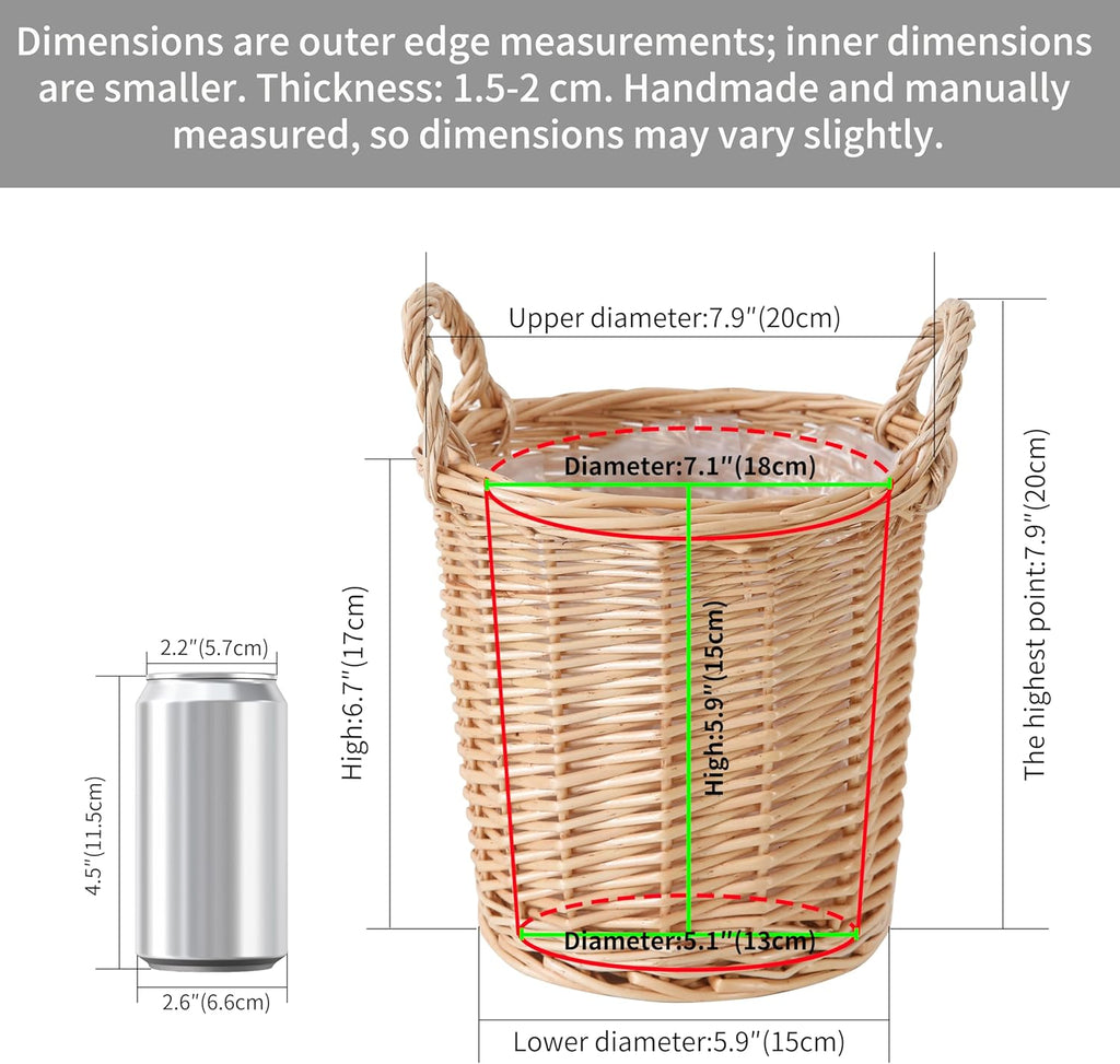 Handwoven Wicker Planter Basket with Waterproof Liner – Natural Yellow Decorative Flower Pot Holder for Indoor Use - Small Size (Inner Top Ø 7", Inner Height 5.9")