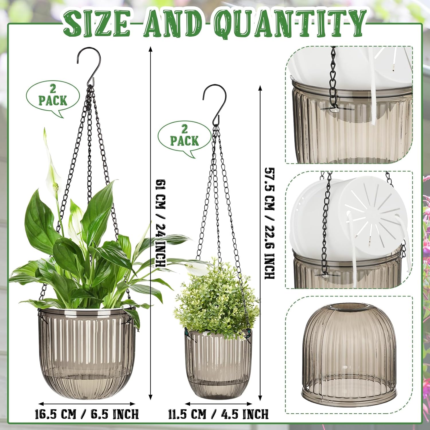 Maxcheck 4 Pcs Self Watering Hanging Planters Indoor Gift 6.5'' 4.5'' Hanging Flower Pots Baskets Outdoor Self Watering Plant with 3hooks Drainage Holes for Home(Gray)