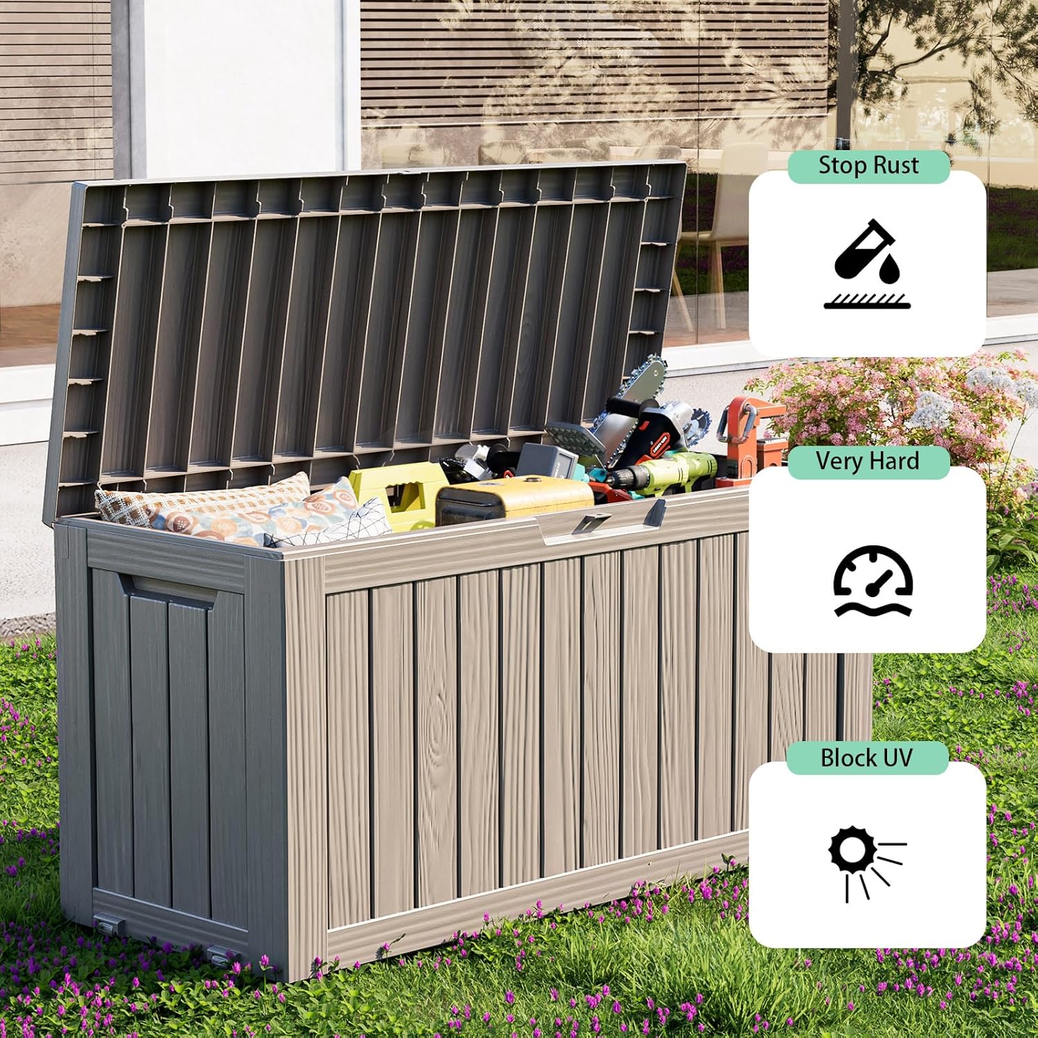 75 Gallon Resin Deck Box, Lockable Outdoor Storage Box for Patio Cushions Storage Furniture,Garden Tools, Pool Supplies, Weatherproof and UV Resistant (Grey)