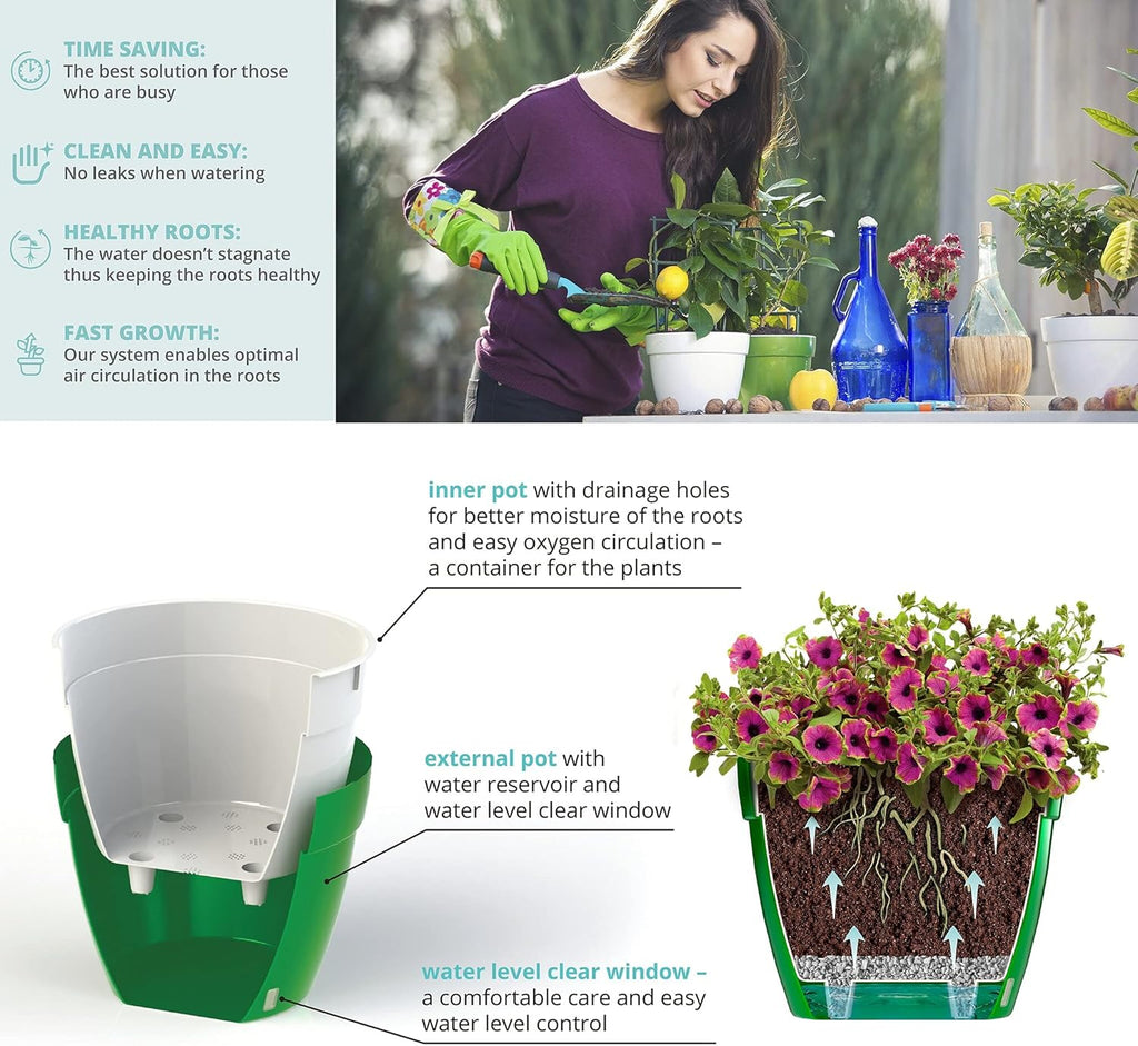 Santino ASTI 7.1 Inch Self Watering Planters Green/Black (Set of 3) for Indoor Plants - Premium Quality Modern Plastic Pot w/Water Level Indicator for All House Plants, African Violets and Dahlias