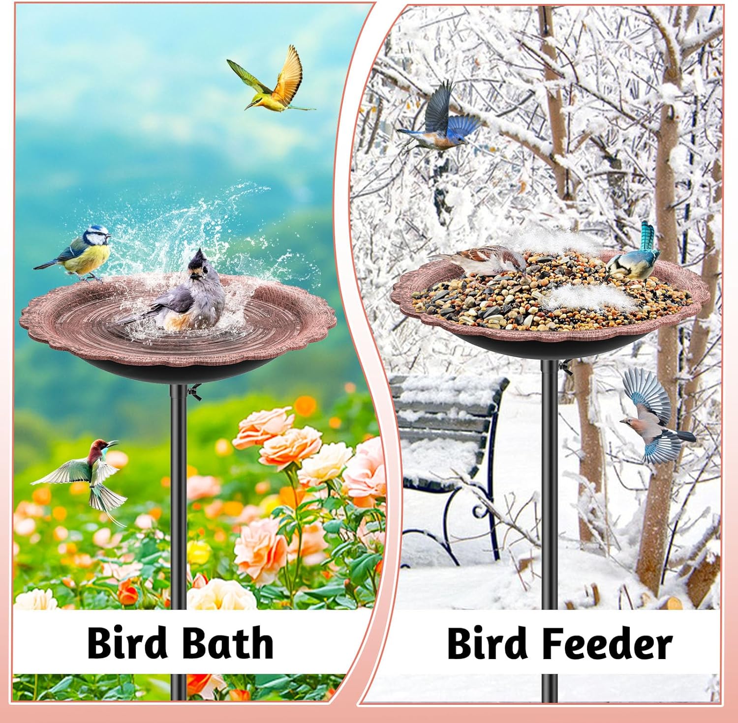 Bird Bath for Outside, MeyRolizn Metal Birdbath Birdfeeder Decorated with 5 Prong Base Stand, Outdoor Freestanding Bird Baths Feeder Bowl Garden Decor Yard Patio Lawn Art (Vintage Copper)