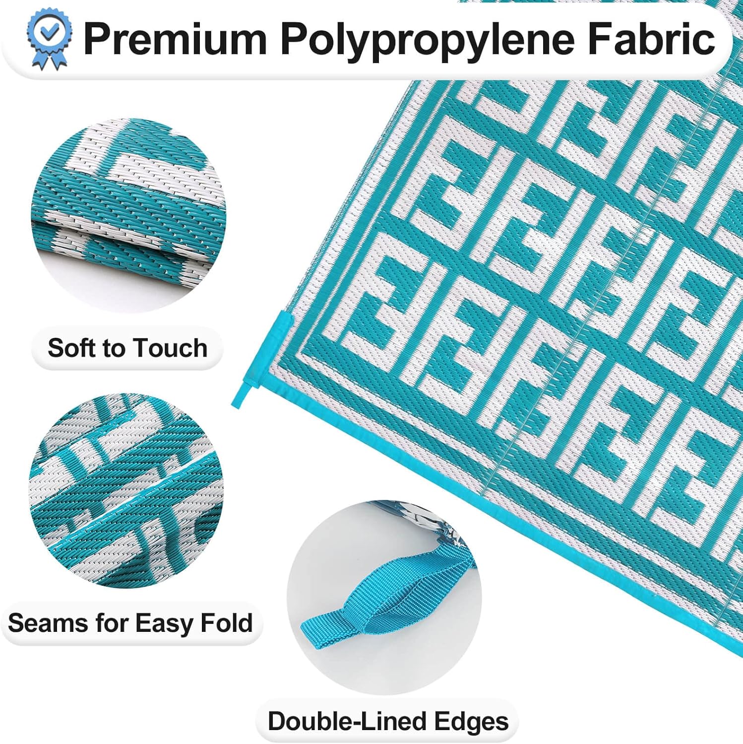 OutdoorLines Outdoor Plastic Area Rugs for Patio 5x8 ft - Reversible Outside Carpet, Stain & UV Resistant RV Mats, Straw Rug for Camping, Deck Garden, Porch and Balcony, Geometry Teal & Light Grey