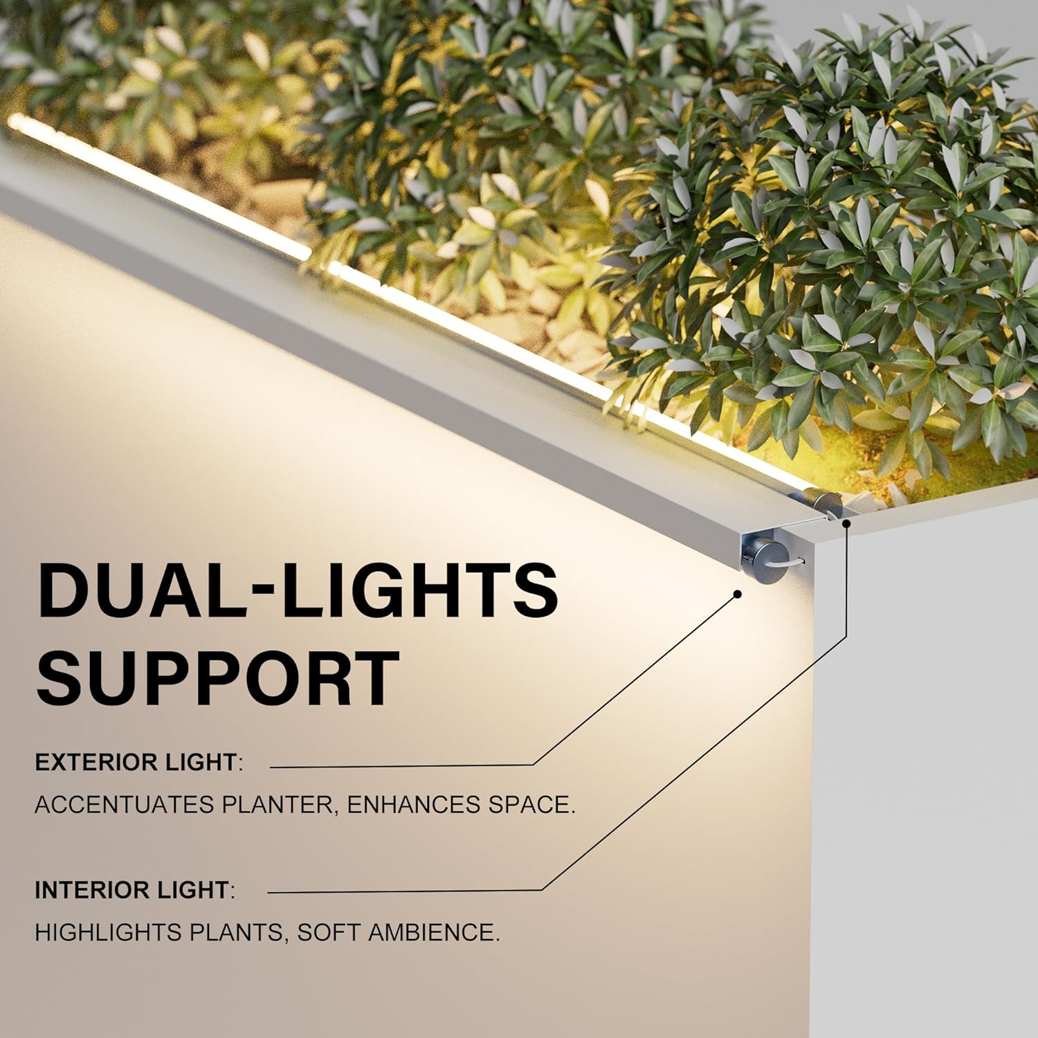 GSK Tall Illuminate Decor 30" H×10" W×37.9" L White Metal Planter Box LED Strips×2 Lighting Vibe Indoor Garden Flower Divider Plants Outdoor Separation Modern Succulent Balcony Houseplants