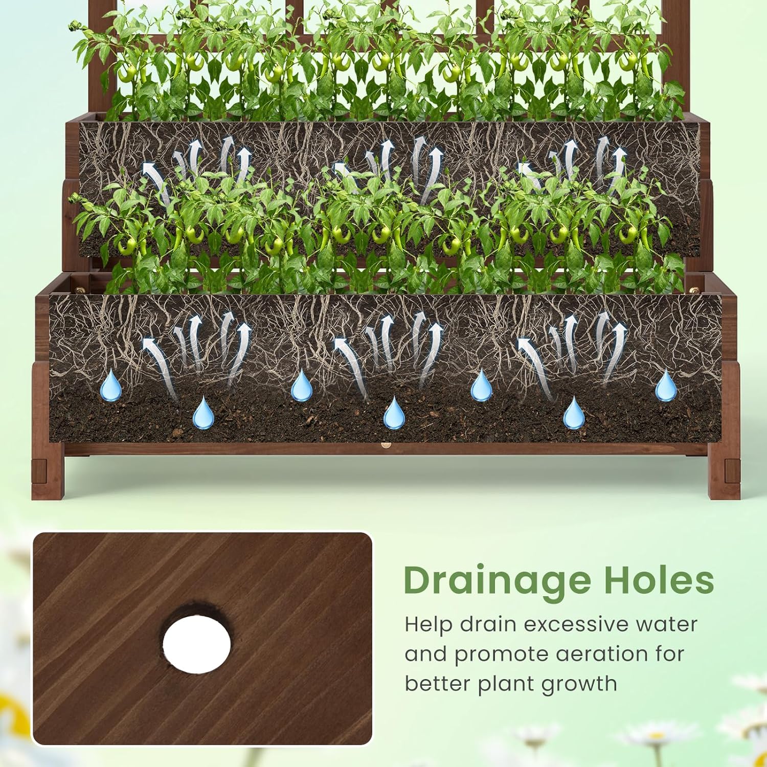 HAPPYGRILL Raised Garden Bed with Trellis, Drainage Holes, 2-Tier Wooden Elevated Planter Box w/Legs for Climbing Plants Vine Flower Herb Vegetable Fruit, Outdoor Garden Box for Patio Balcony (2)