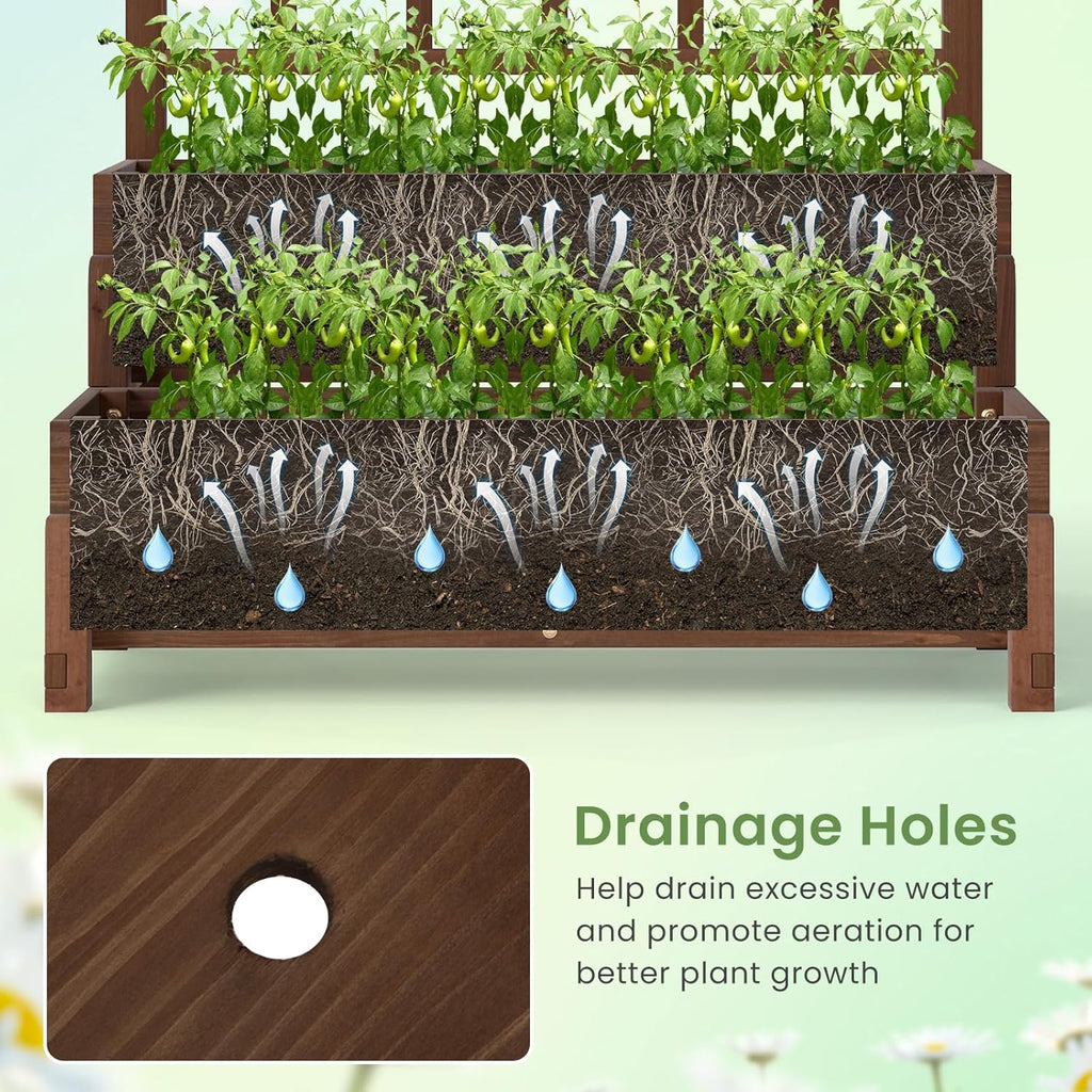 HAPPYGRILL Raised Garden Bed with Trellis, Drainage Holes, 2-Tier Wooden Elevated Planter Box w/Legs for Climbing Plants Vine Flower Herb Vegetable Fruit, Outdoor Garden Box for Patio Balcony