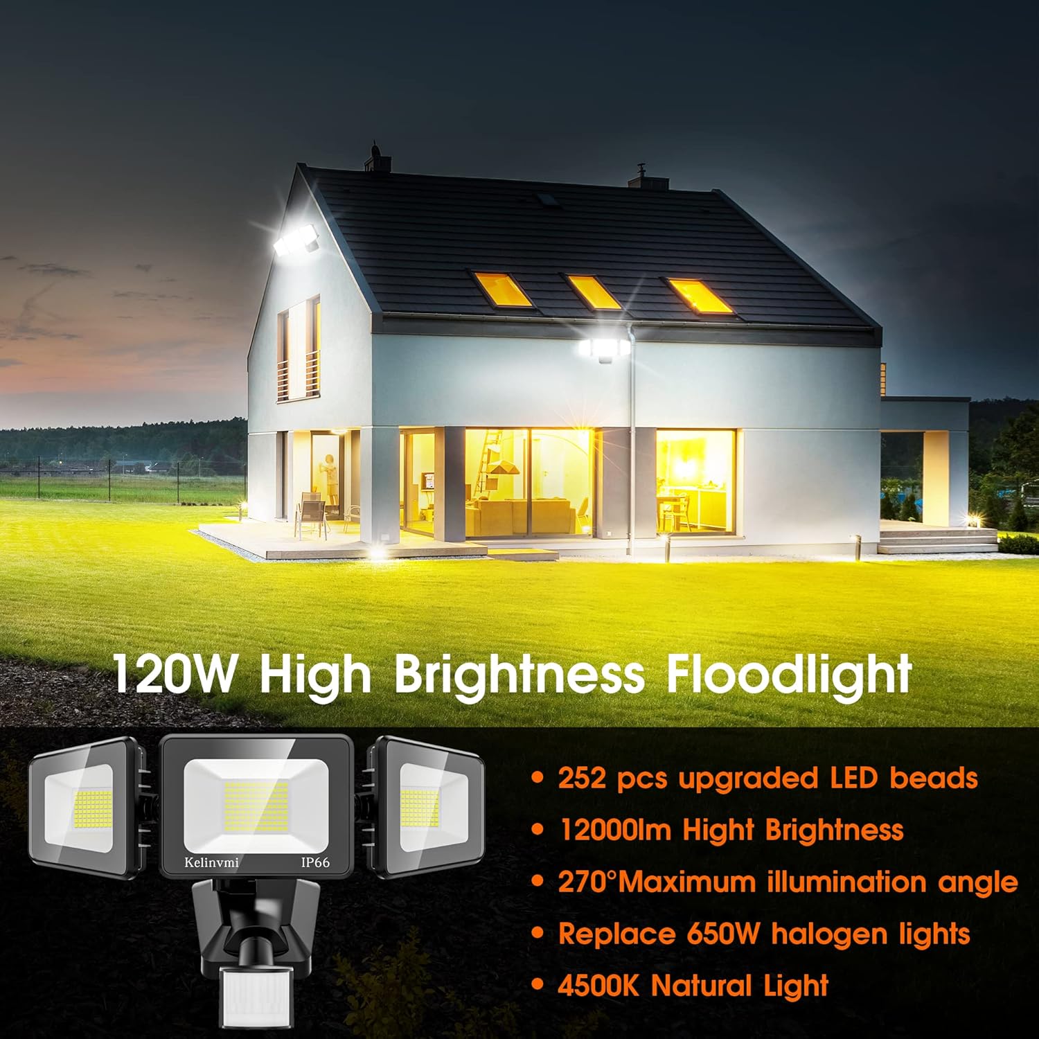 120W LED Flood Lights Outdoor with Motion Sensor, 12000LM 4500K Daylight, IP66 Waterproof Dusk to Dawn Outdoor Security Lights for Garage, Yard, Outside