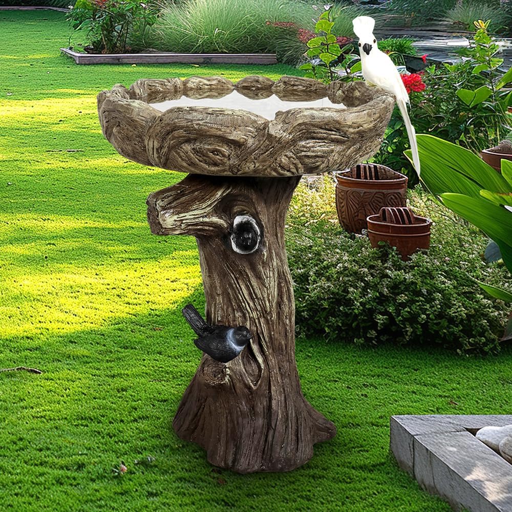 Birdbath for Outdoor Garden with a Fake Bird Decor - 23" H * 17.7" Φ Freestanding Trunk Like Bird Bath for Outside Patio or Yard Decor