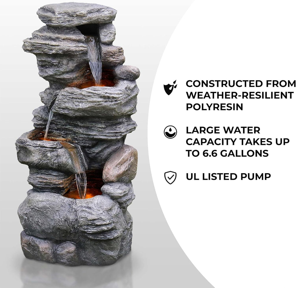 Teamson Home 39.37 in. Outdoor Faux Stacked Stone 4-Tier Water Fountain with LED Lights and Pump, Gray