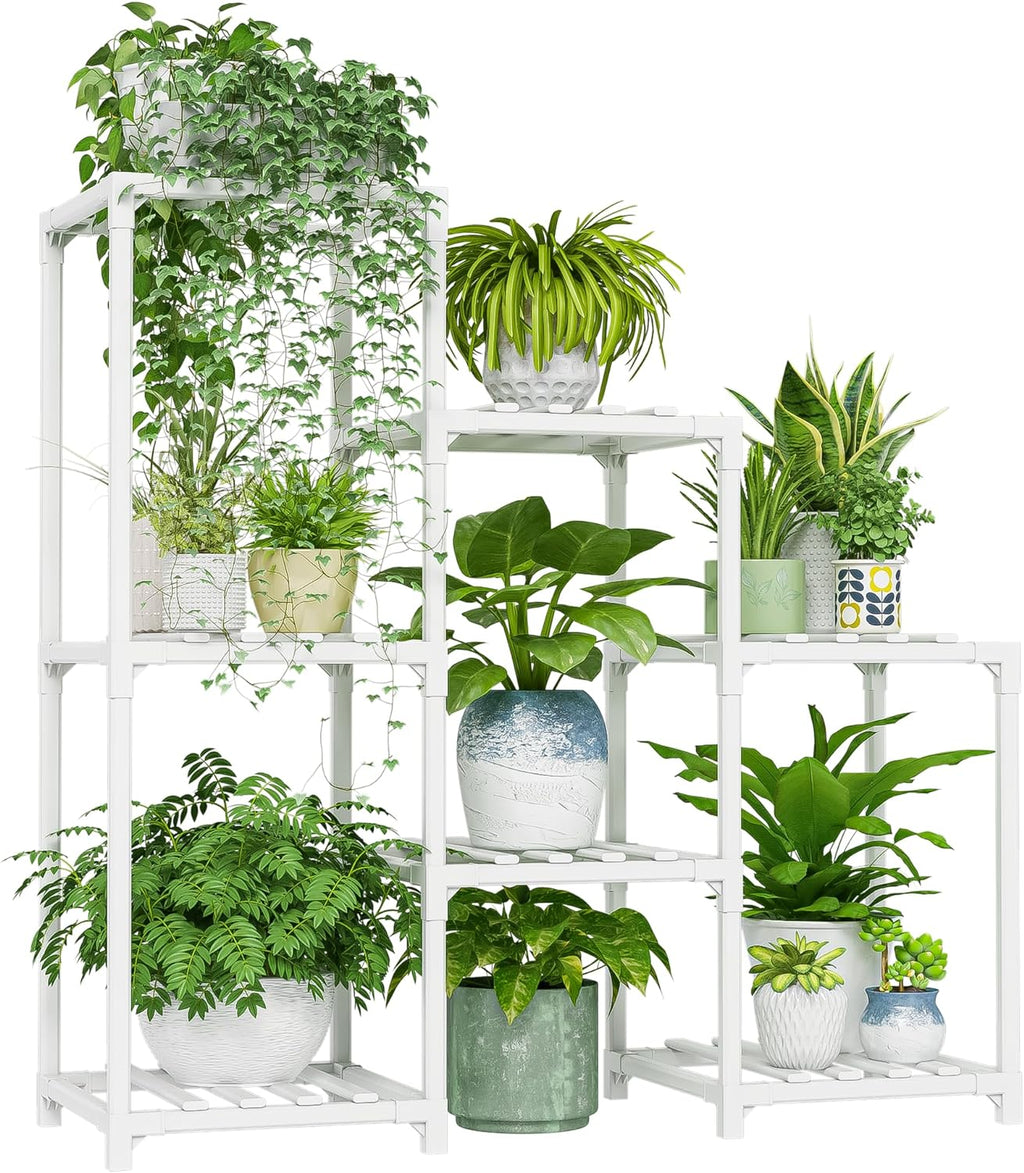 Bamworld Indoor Plant Stand Outdoor White Shelf Bamboo Plant Table for Multiple Plants 3 Tiers 7 Pots Ladder Holder Pot Window Garden Balcony Living Room