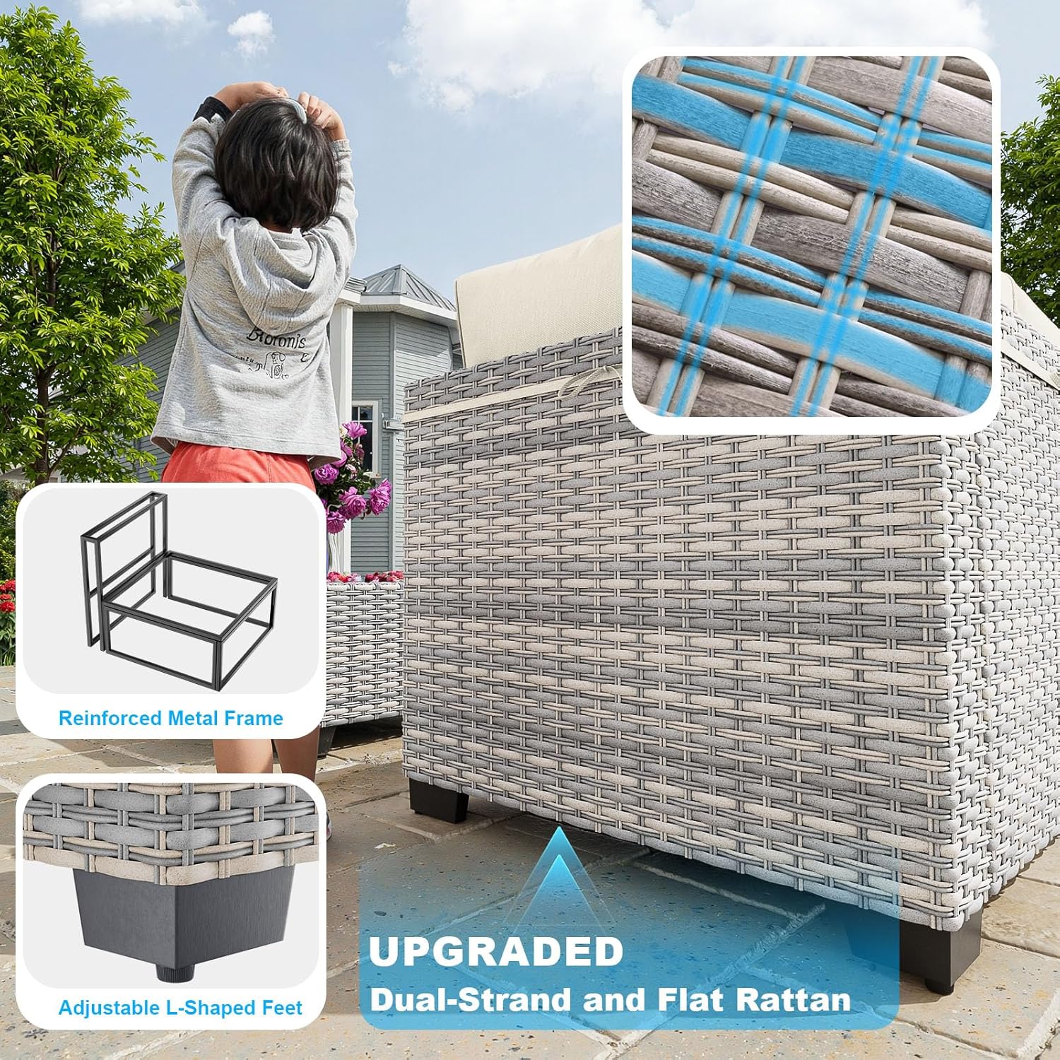 15-Piece Patio Furniture Set, Outdoor Patio Furniture with 55,000 BTU Fire Pit Table, Thick Cushions, Modular Patio Sofa, Dual-Strand Wicker Rattan, Rust-Resistant Frame, Ivory