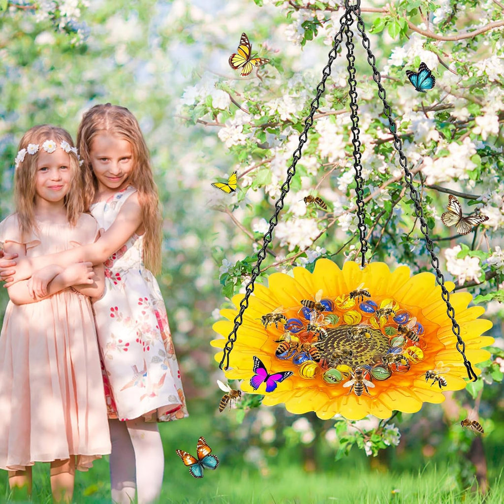 Bee Watering Station for Garden, Bee Bath Feeders for Outside with Vivid Flower Design, Hanging Butterfly Bath Bowl with Glass Balls for Outdoor Courtyard Decoration (1Pcs-Yellow)