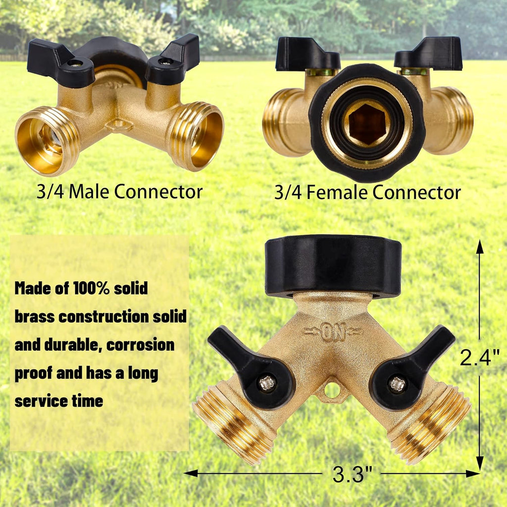 Biswing Garden Hose Splitter 2 Way, Heavy Duty Brass Connector Tap Splitter, Y Splitter 2 Valves with 2 Extra Rubber Washers