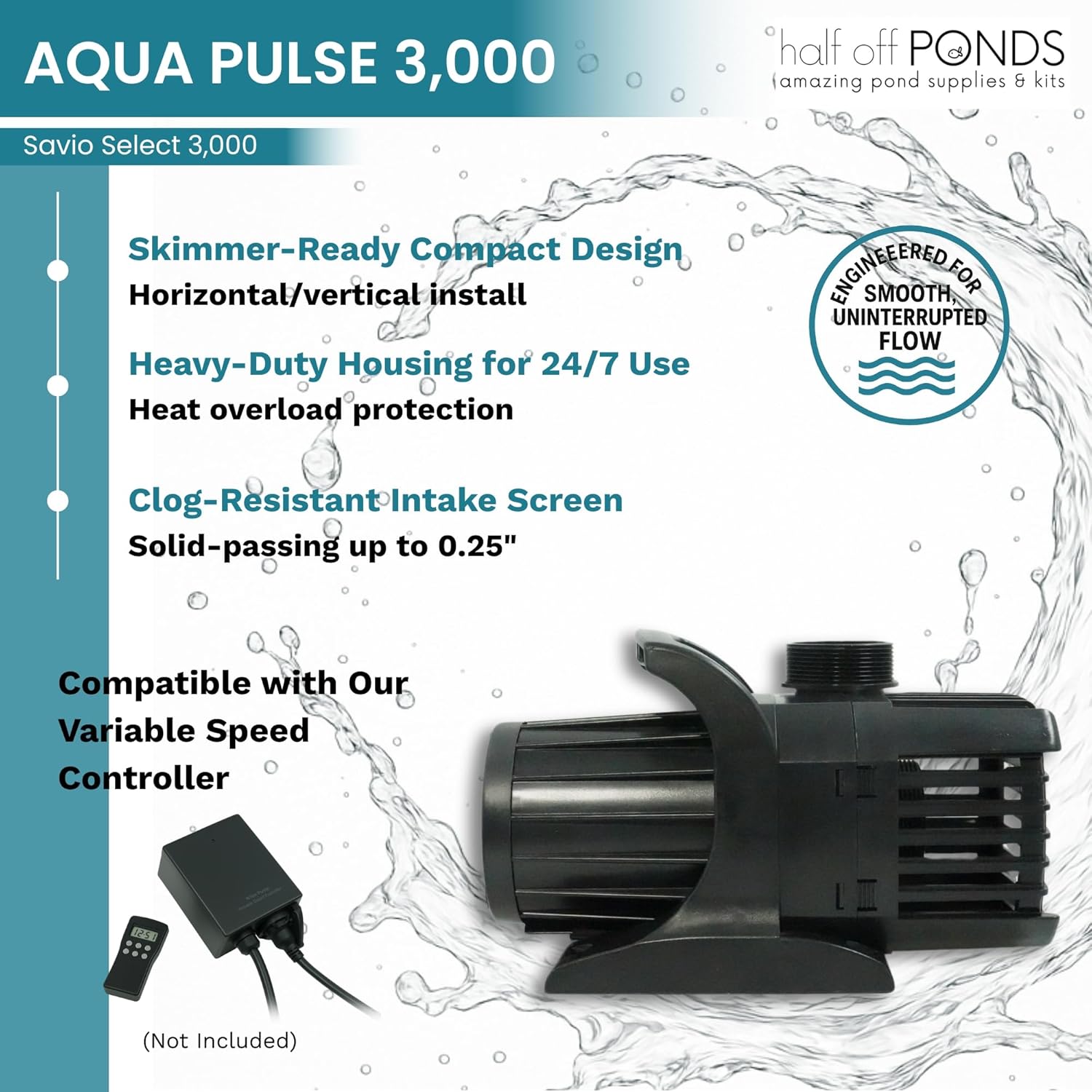 HALF OFF PONDS Savio Select 3,000 GPH Submersible Pump Pond Kit with 20' x 20' EPDM Rubber Pond Liner for Water Garden & Koi Pond