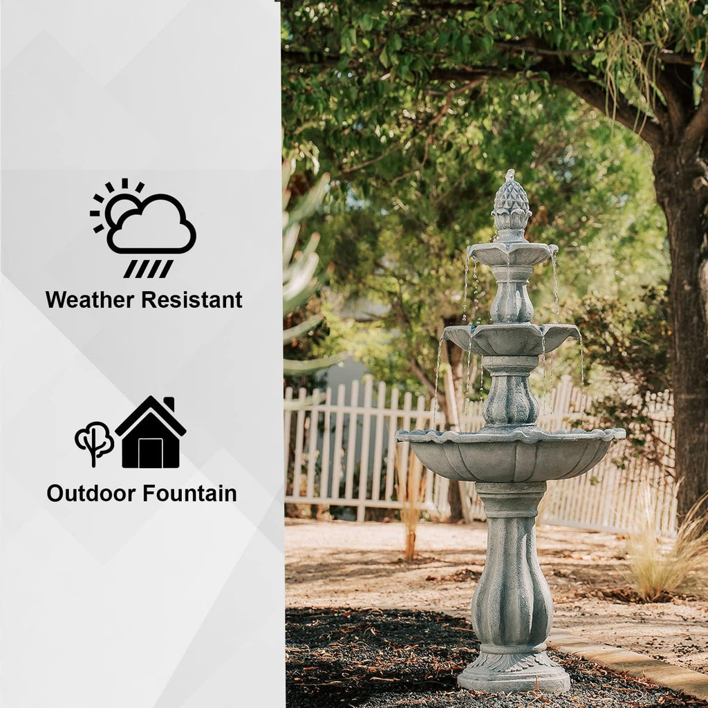 XBrand 3-Tier Freestanding Waterfall Fountain w/Pump & Pineapple Top, 51 Inch Tall, Grey, Large Outdoor Garden Fountain, Ideal for Garden, Porch, and Lawn