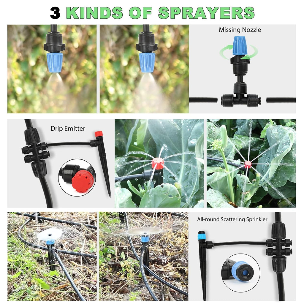 177FT Drip Irrigation Kit – 2025 New Quick-Connect Micro Irrigation System with 46FT 1/2'' Tubing, Locking Nozzle Emitters, Adjustable Misting Sprayers for Gardens, Lawns, Raised Beds and Greenhouses