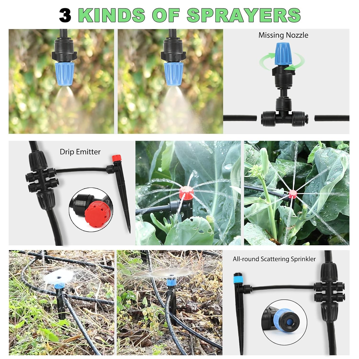 177FT Drip Irrigation Kit – 2025 New Quick-Connect Micro Irrigation System with 46FT 1/2'' Tubing, Locking Nozzle Emitters, Adjustable Misting Sprayers for Gardens, Lawns, Raised Beds and Greenhouses