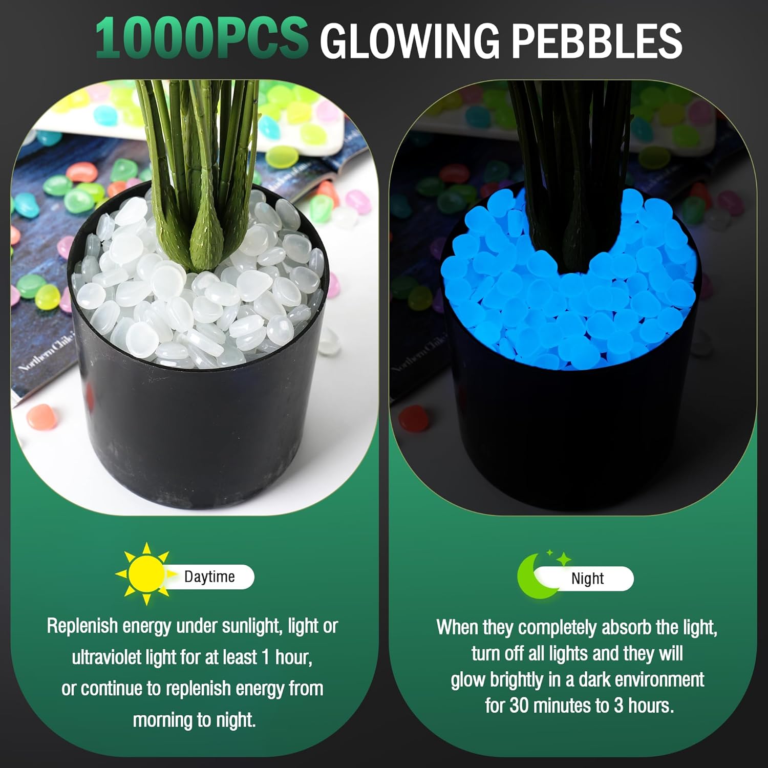 Glow in The Dark Rocks Outdoor Decorative Stones, 1000 PCS White Glows Blue Small Luminous Pebbles for Garden Walkway Fish Tank Aquarium Planter Vase Filler