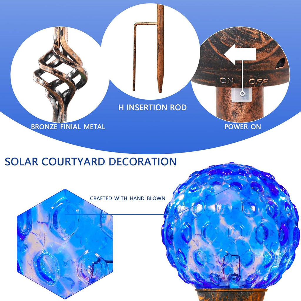 Garden Solar Lights, Decorative LED Honeycomb Glass Ball Garden Stake, Glass and Metal Outdoor Decoration, 4 x 31 Inch (Dark Blue)