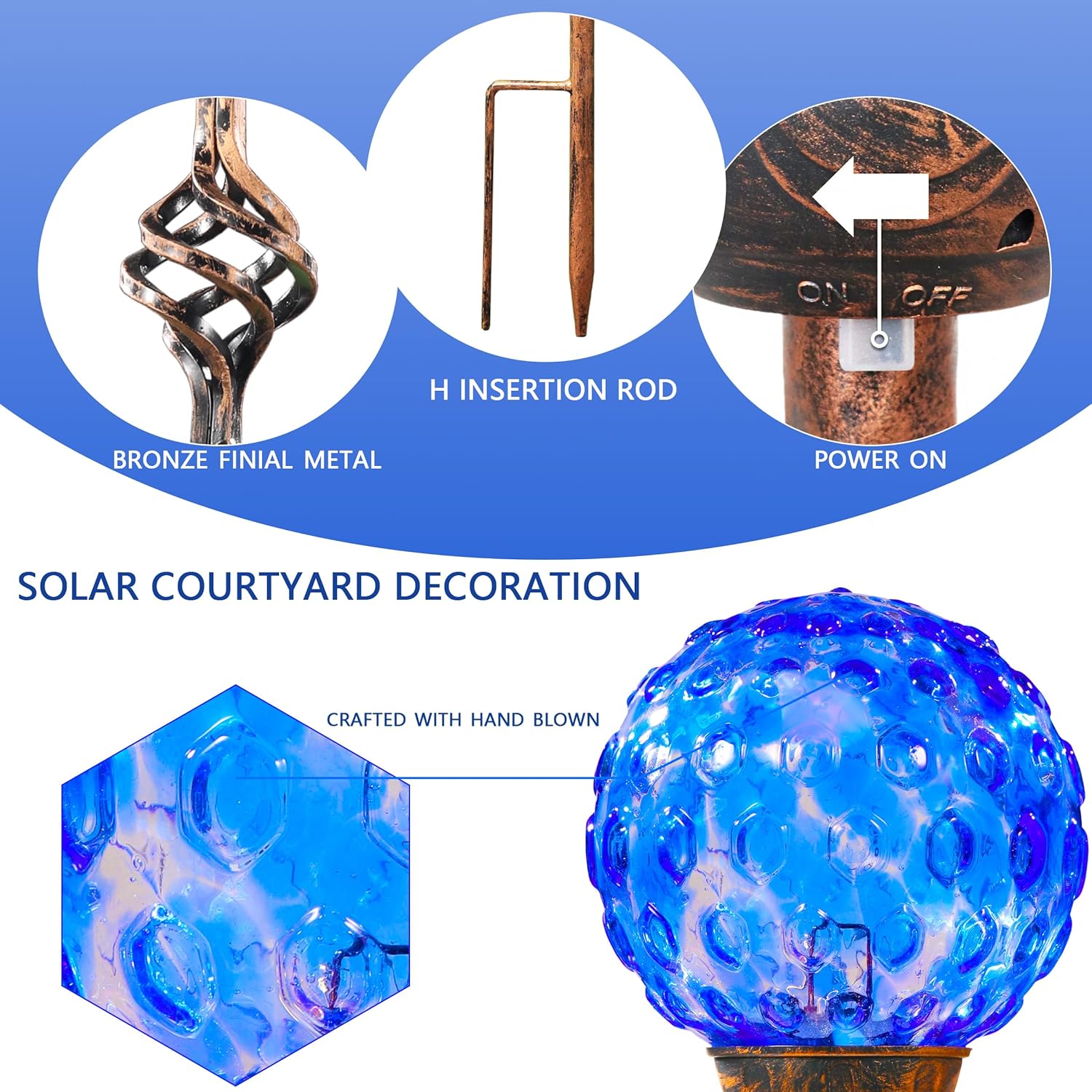 Garden Solar Lights, Decorative LED Honeycomb Glass Ball Garden Stake, Glass and Metal Outdoor Decoration, 4 x 31 Inch (Dark Blue)