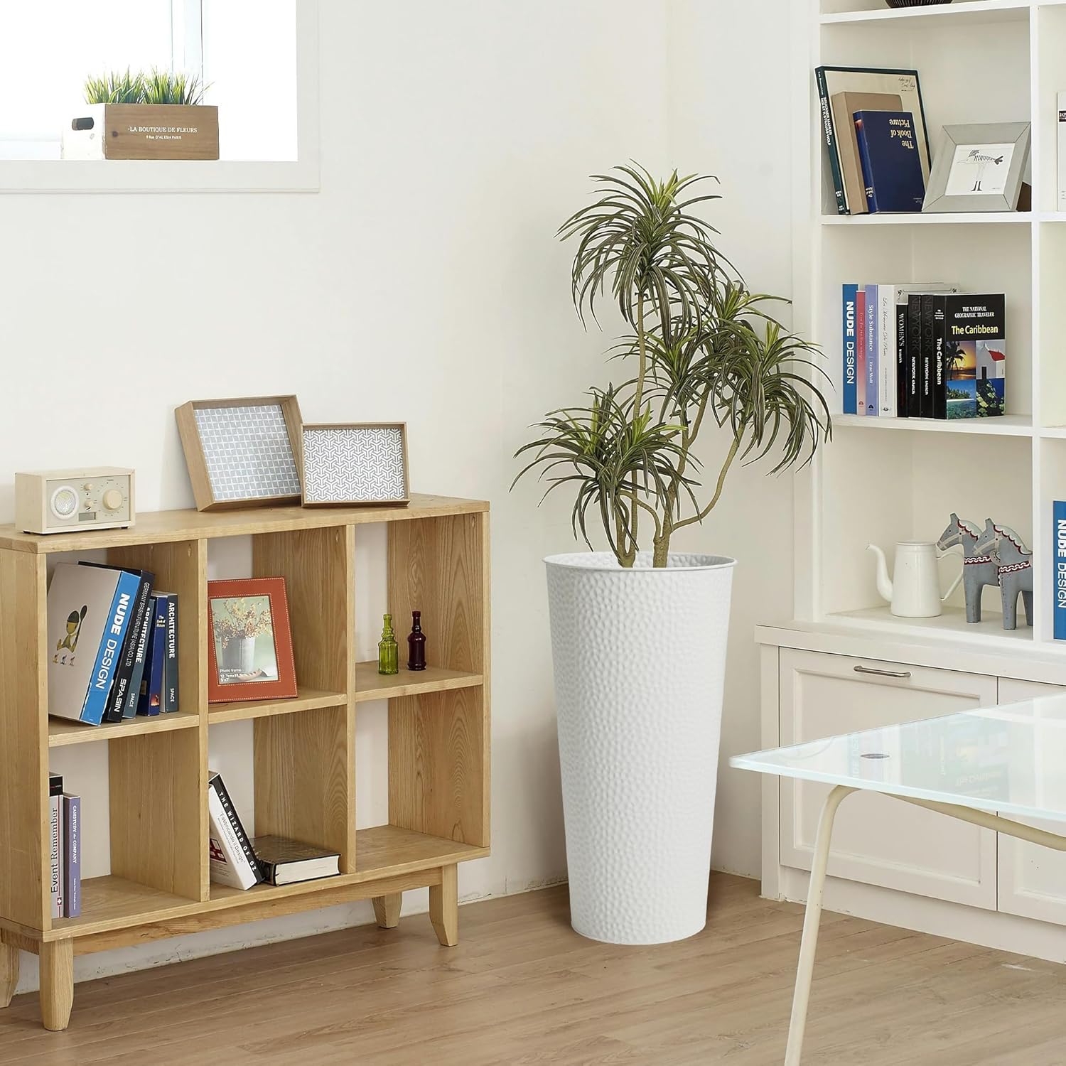 Worth Garden 2-Pack 25" H. Metal Planter with 2X Inside Pots - Hand-Hammered Texture Tall Tapered Plant Pots - Large Handcrafted Flower Pot for Indoor Outdoor, Deck, Patio, Front Porch (White)