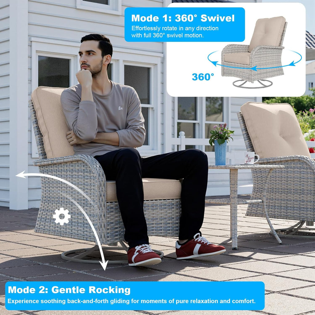 18-Piece Patio Furniture Set, Outdoor Patio Furniture with 55,000 BTU Fire Pit Table, Swivel Chairs Set, Thick Cushions, Modular Patio Sofa, Dual-Strand Wicker Rattan, Rust-Resistant Frame,Khaki