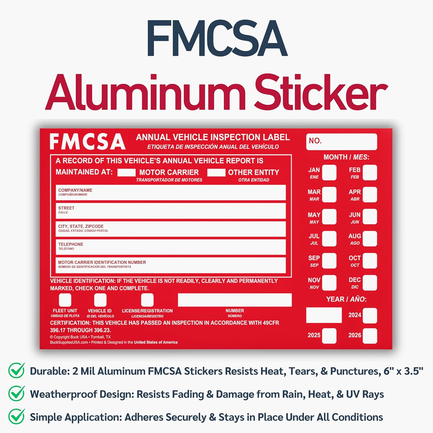 10 Pack 3-Ply Carbonless Annual Vehicle Inspection Report Forms with FMCSA Red Aluminum Adhesive Labels, DOT Inspection Forms and Stickers, Shrink-Wrapped, 8.5" x 11.75" - Made in USA