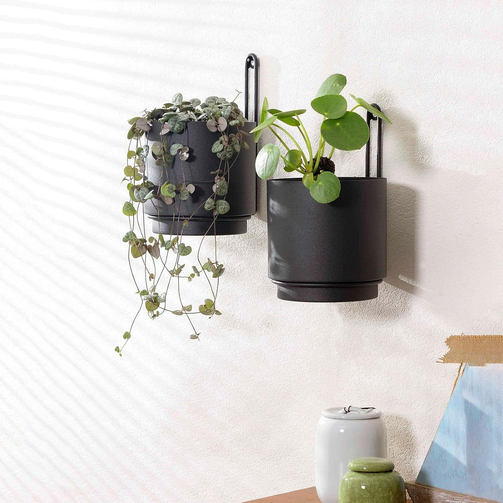 2 Pcs Wall Mounted Hanging Planter Vase for Indoor and Outdoor Plants Modern Metal Wall and Ceiling Planter Minimalist Flower Pot (Black, 5.91 inch)