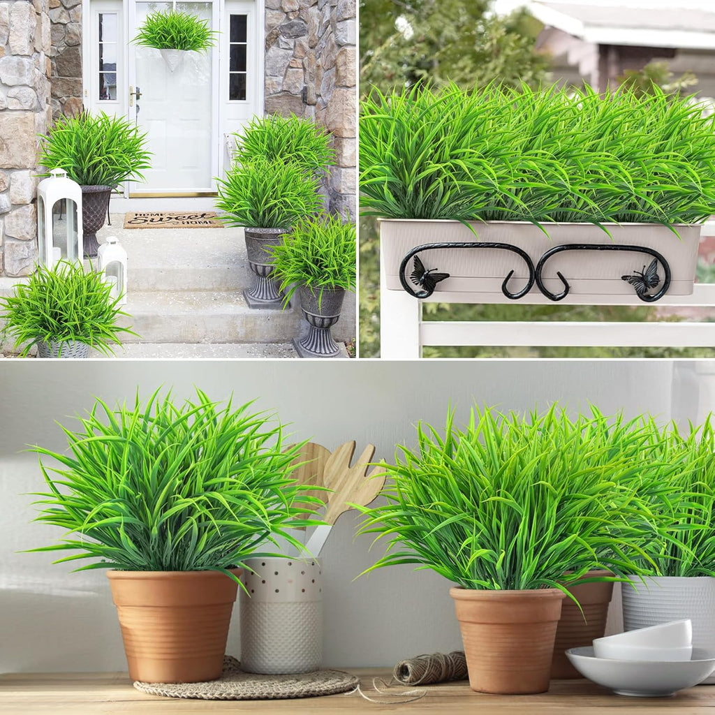 Ouddy Decor 16 Bundles Artificial Plants Outdoor Fake Grass Greenery Stems UV Resistant Faux Plastic Shrubs for Spring Summer Garden Pathway Window Box Front Porch Home Decor, Green