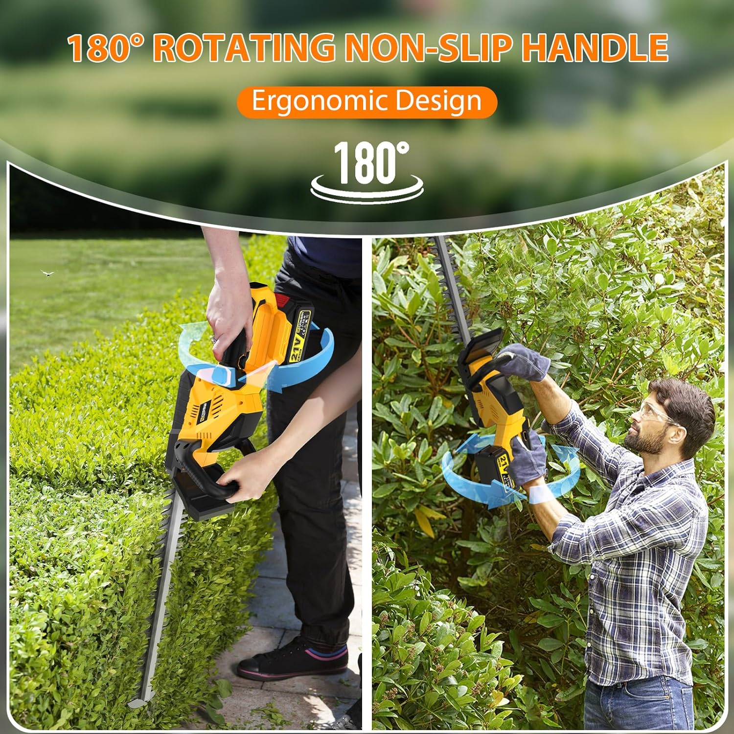22''Hedge Trimmer Cordless,21V Electric Handheld Bush Clipper with 2 Pack 4000mAh Rechargeable Batteries,3200RPM 180°Rotatable Head,3/4''Blade Gap,Lightweight & Compact Trimmer
