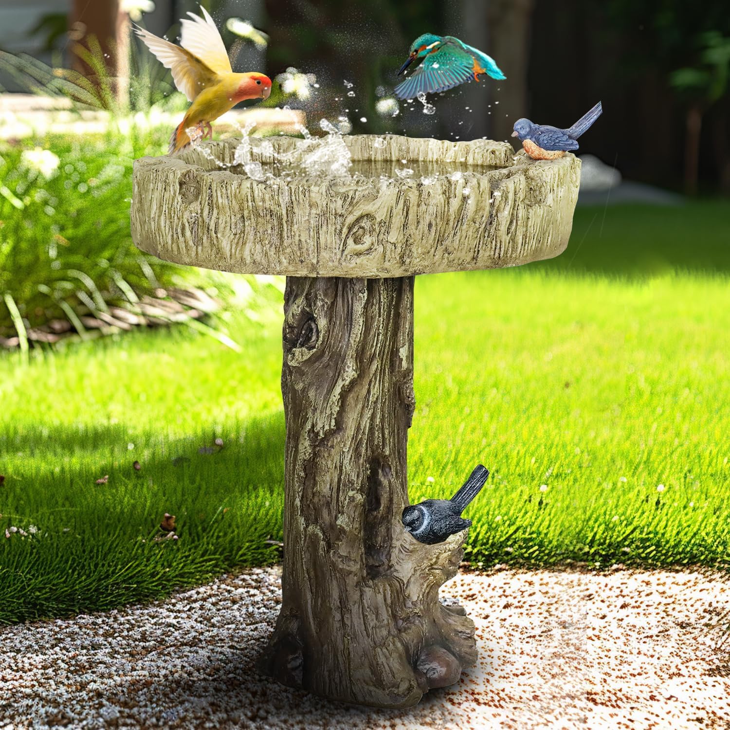 SunJet 24.4 Inch Heigh Wood-Look Concrete Bird Bath with Decorative Faux Bird – birdbath Rustic & Long-Lasting Design, Enhances Garden, Patio, Yard, Lawn Décor