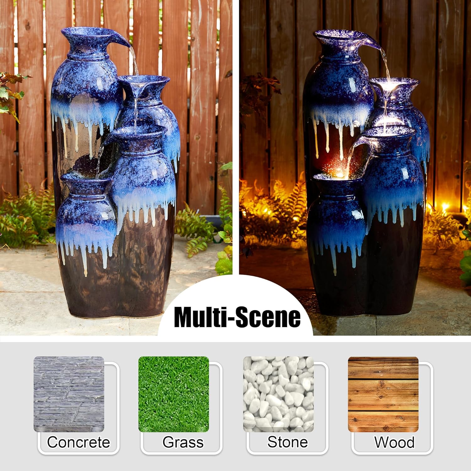 Glitzhome 30.75" H Vase Ceramic Outdoor Water Fountain with LED Lights and Pump, 4-Tier Cobalt Blue and Brown Reactive Glaze Cascading Pots Standing Fountain for Porch Deck Garden Patio Backyard