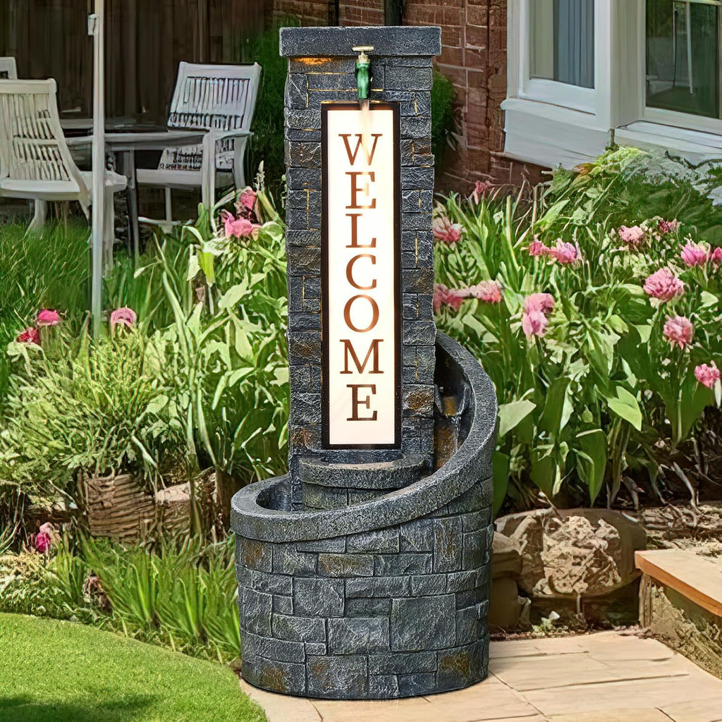 35.43 Inches Outdoor Water Fountain Welcome Garden Waterfall Indoor Modern Water Feature Freestanding Fountains with LED Lights and Pump for Patio Yard Pool Home Decor