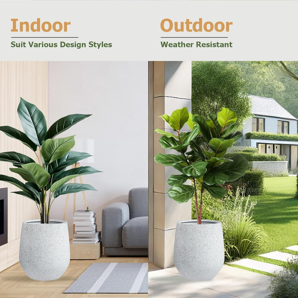 12.5" H x 11.5" D Ribbed Corso Fiberstone Round Planter with Drainage Hole, Weather Resistant, Indoor and Outdoor Use, Included 2 Extra Coco Mats (Ribbed Speckled White, 9" Pot Opening)