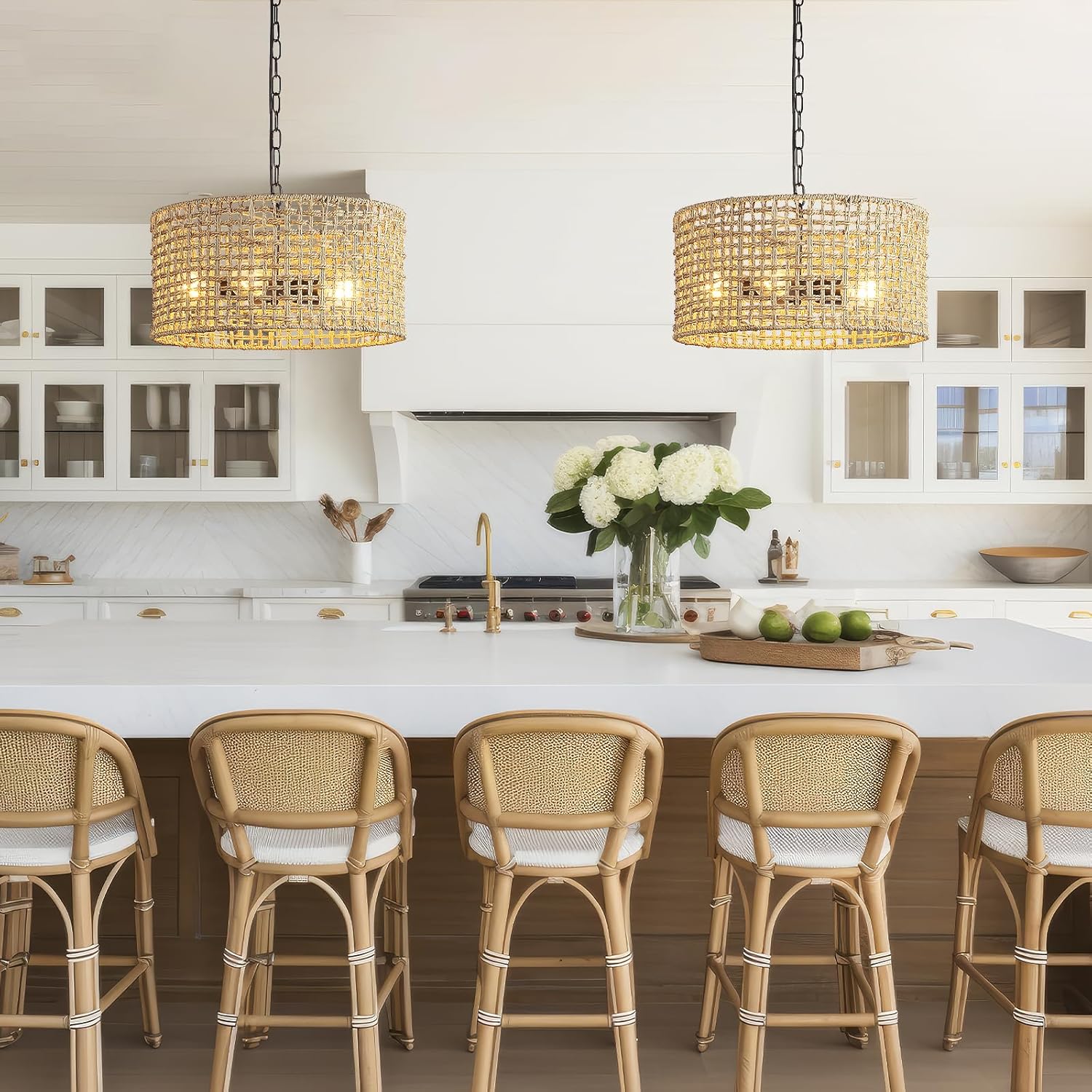 17.7" Rattan Dining Room Light fixtures, 5-Light Hand Woven Pendant Lights Kitchen Island Rattan Boho Chandelier Bohemian Hanging Ceiling Lights Wicker Lighting for Restaurants Living Room