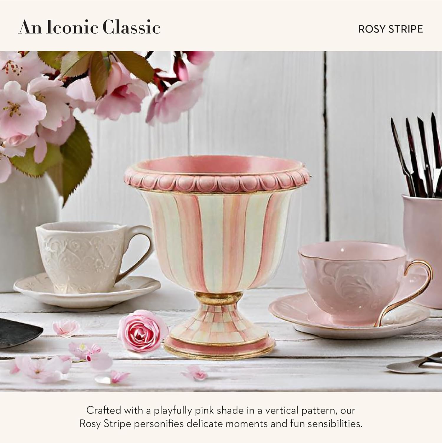 MACKENZIE-CHILDS Pedestal Tabletop Urn, Decorative Centerpiece for Table, Mantel, or Shelf, Small, Pink-and-White Rosy Stripe