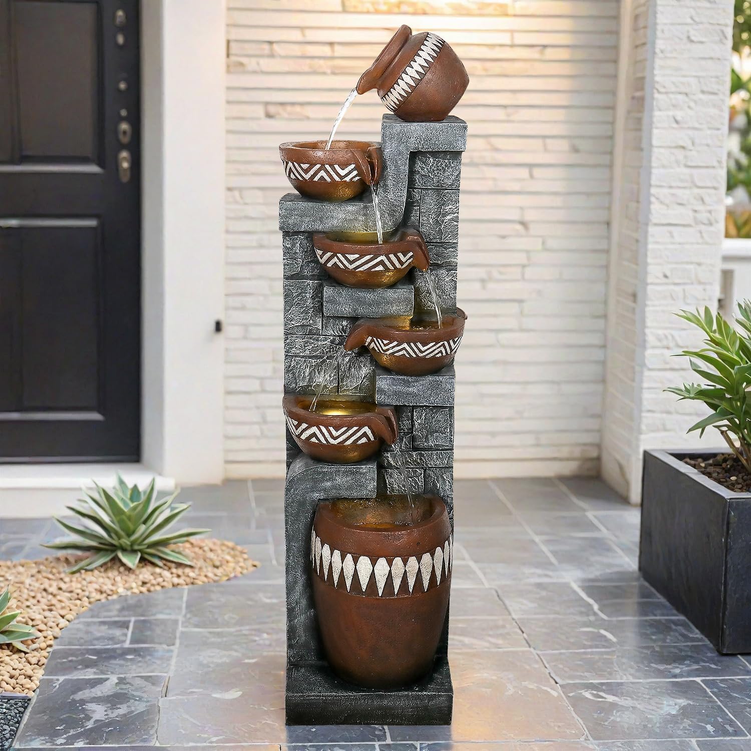 56.6in High Outdoor Indoor Water Fountain, 6-Tiered Poly-Resin Waterfall Fountain with LED Lights, Decorative Floor Standing Fountain for Garden, Patio, Yard, Home Decor