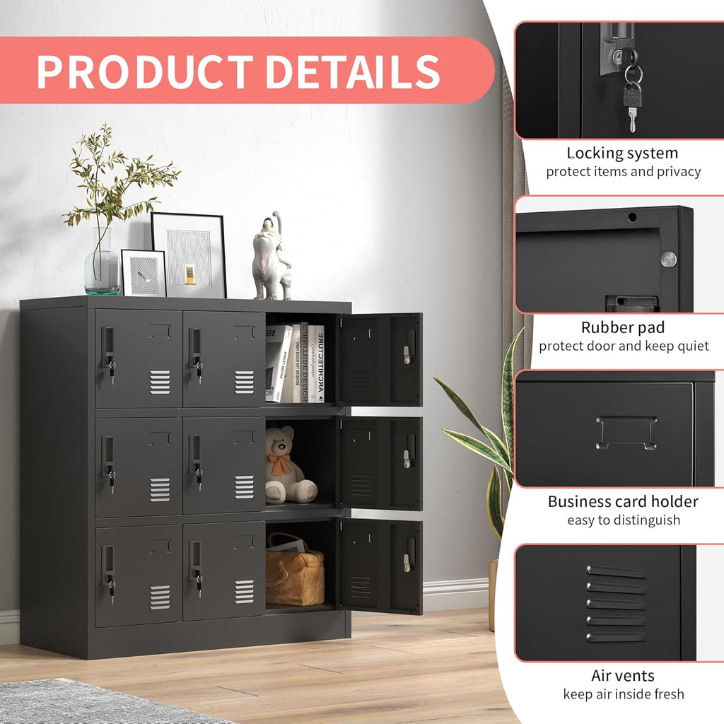Metal Lockers for Employees,Office Storage Locker with 9 Doors Black,Employee Locker with Lock and Card Slot,Steel Staff Locker Storage Cabinet for Gym Home School Garage,Assembly Required