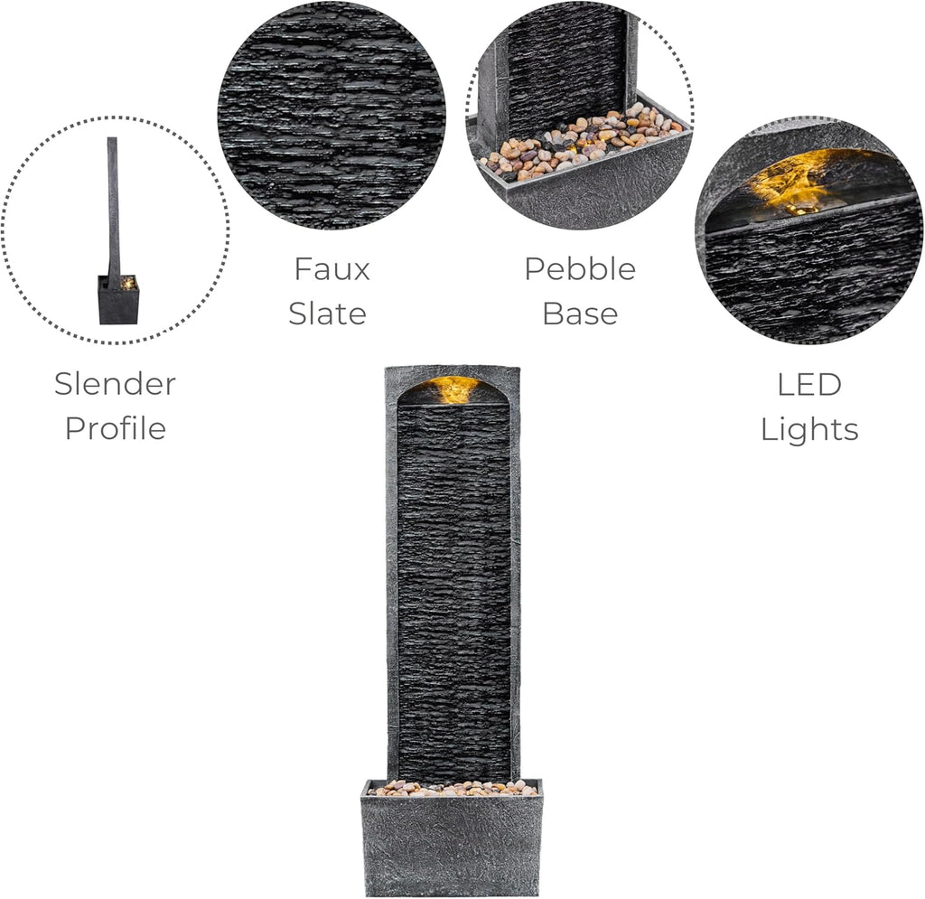 Teamson Home 38.5" Faux Slate Contemporary Outdoor LED Waterfall Fountain with Pebble Base, Gray/Black