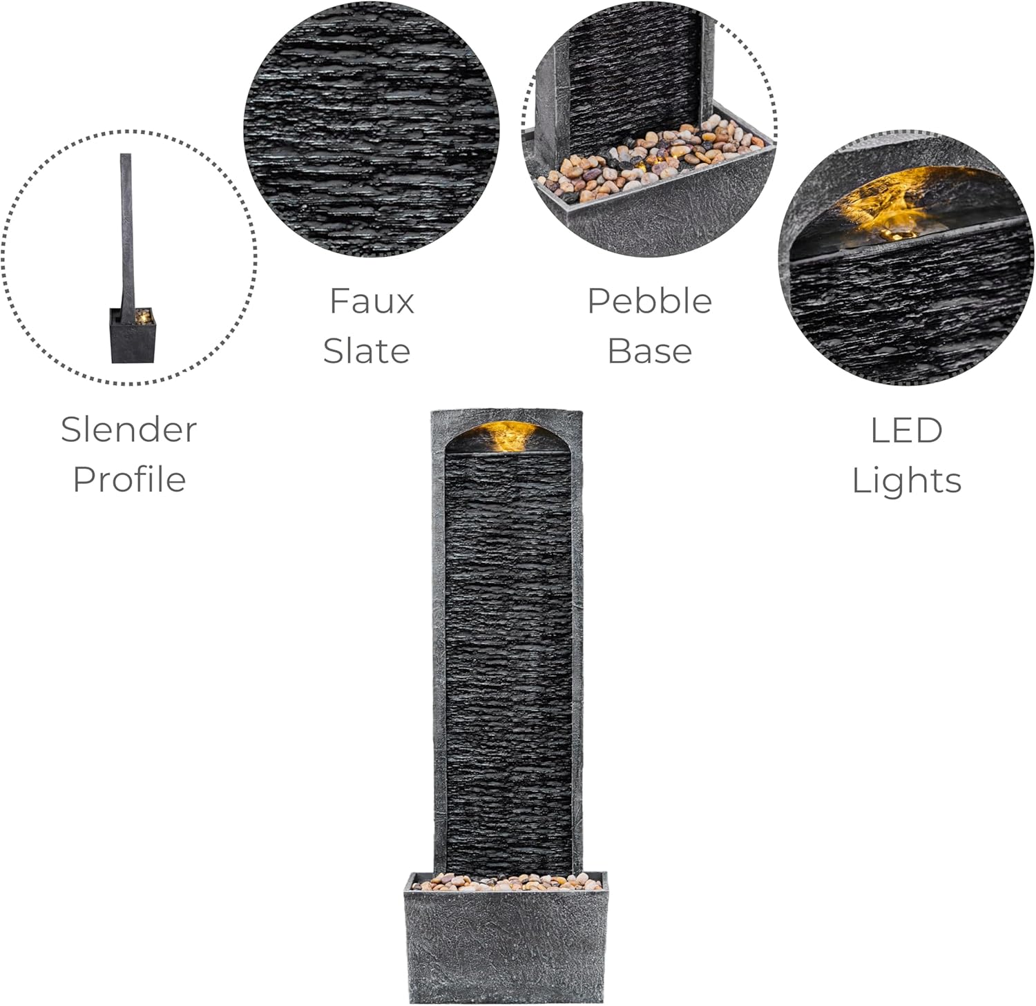 Teamson Home 38.5" Faux Slate Contemporary Outdoor LED Waterfall Fountain with Pebble Base, Gray/Black