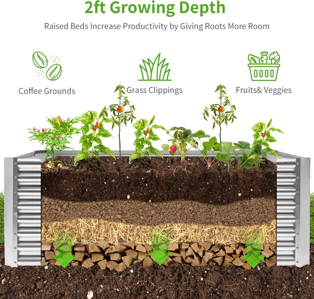 Land Guard 6×3×2 ft Galvanized Metal Raised Garden Bed, 2FT Deep Root Elevated Planter Box Steel Large Vegetable Flower Bed Kit（Silver）