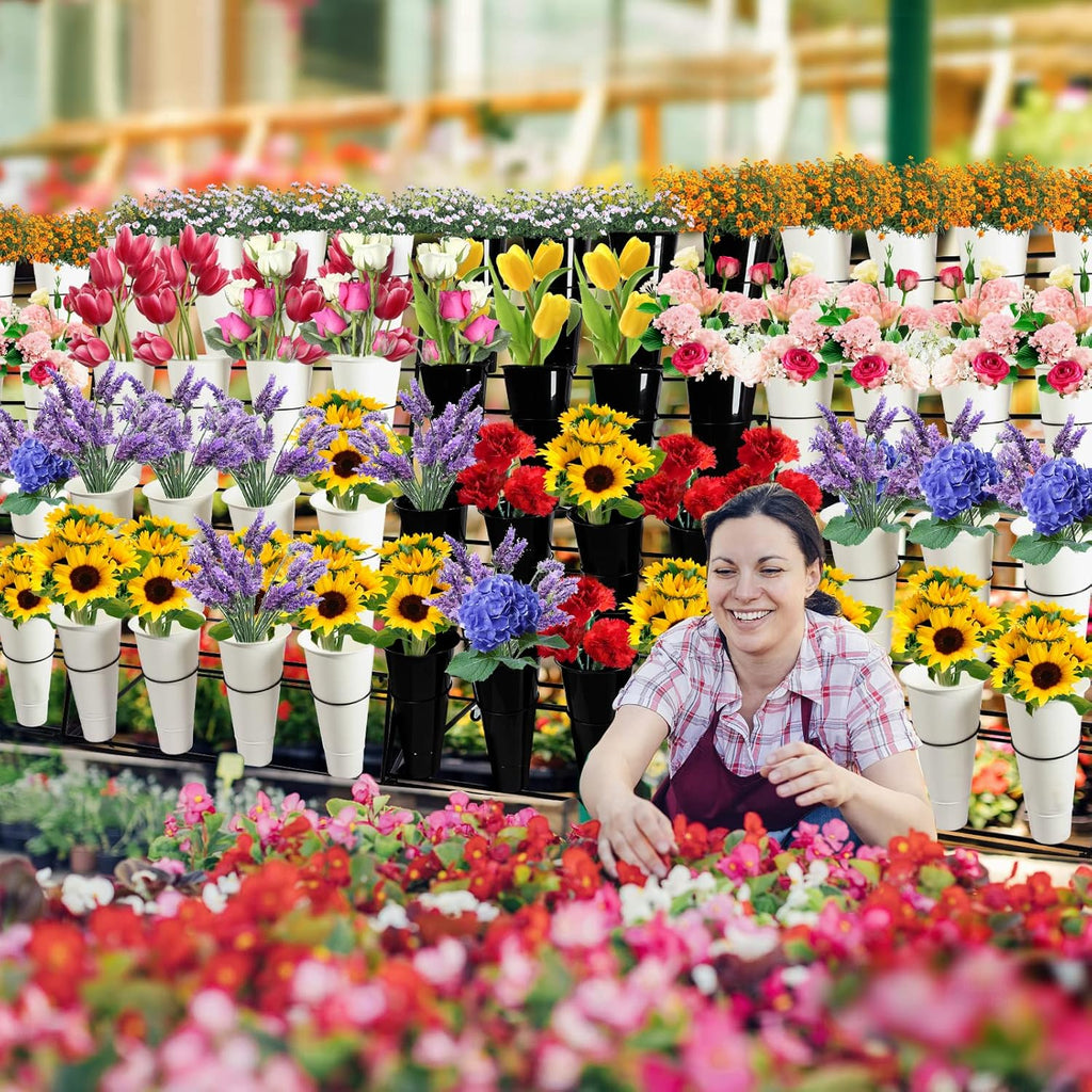 Flower Display Stand with Buckets, 3 layers Metal Plant Stand with Wheels, Moving Florist Bouquet Shelf for Fresh Shop, for Patio Garden, Outdoor Flower Pop-Up Events (Black Frame - White Bucket)
