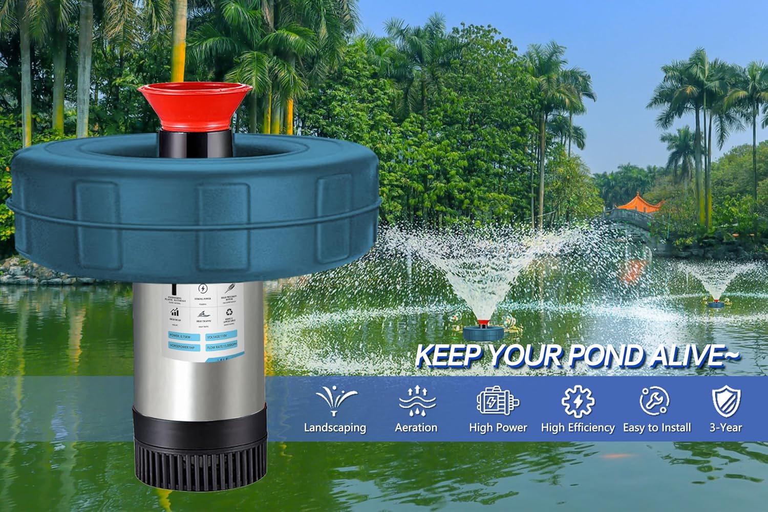 RGB LED Pond Fountain Aerator 750W with Color-Changing Light Show, 1HP 15000 GPH Floating Aerating Pump, 100ft Power Cord, Wireless and Time Control, Perfect for Ponds & Lakes (NO-RGB)