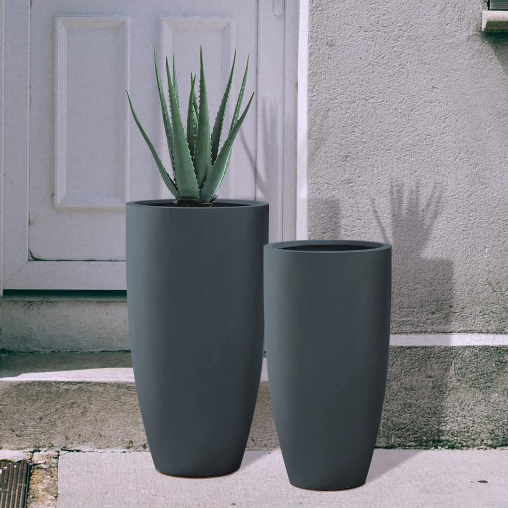 Kante 31.4" and 23.6" H Charcoal Finish Concrete Tall Planters Large Outdoor Indoor Decorative Plant Pots with Drainage Hole and Rubber Plug, Modern Tapered Style for Home and Garden