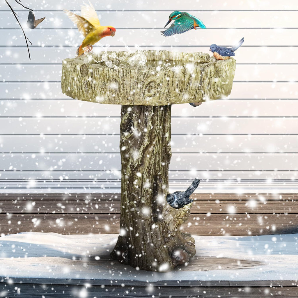 SunJet 24.4 Inch Heigh Wood-Look Concrete Bird Bath with Decorative Faux Bird – birdbath Rustic & Long-Lasting Design, Enhances Garden, Patio, Yard, Lawn Décor