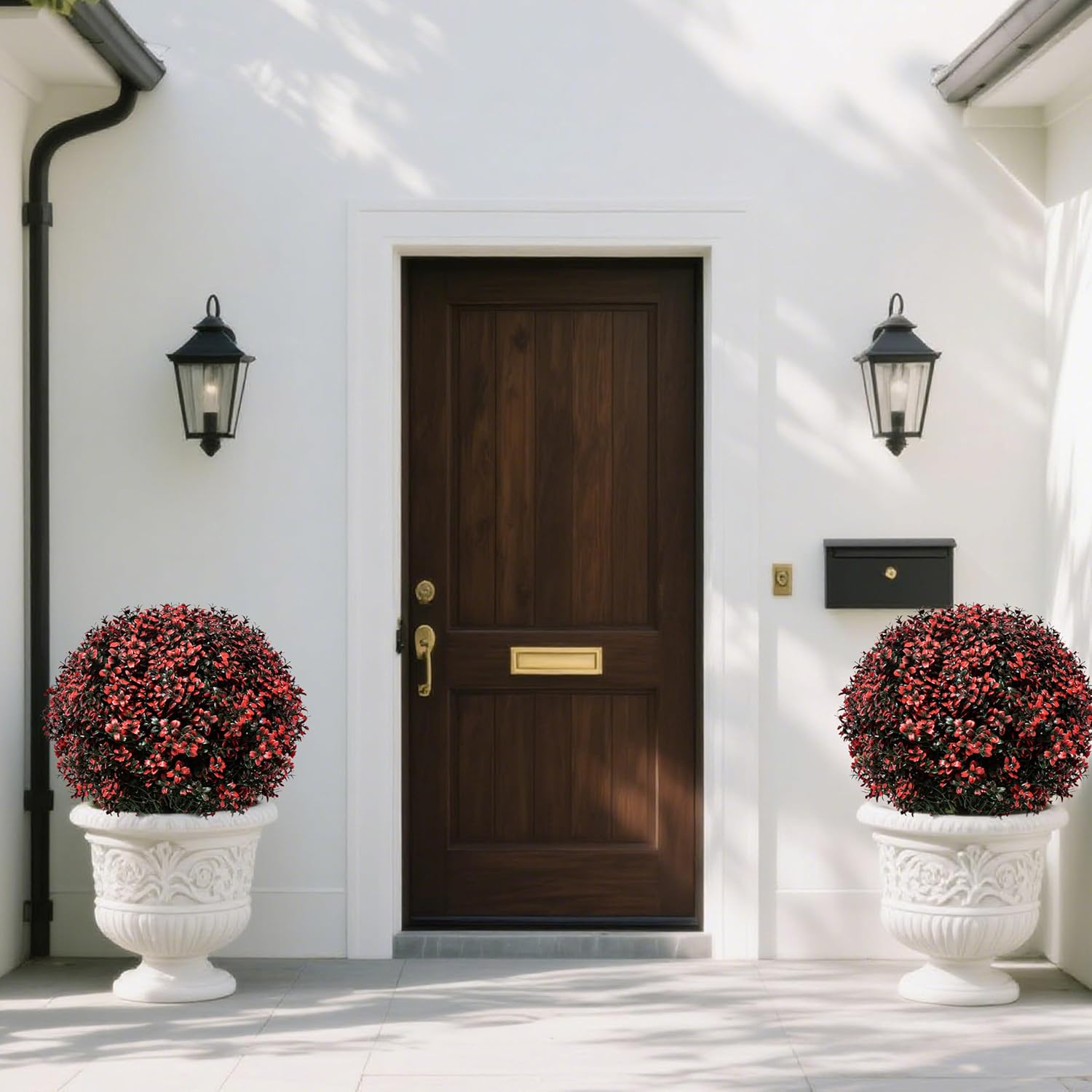 Fall Artificial Topiary Ball Boxwood Tree Outdoor with Spike,Set of 2 Large Faux Shrubs Bushes for Outdoor Planter,UV Resistant Autumn Fake Boxwood Plants for Potted Porch Indoor 24"